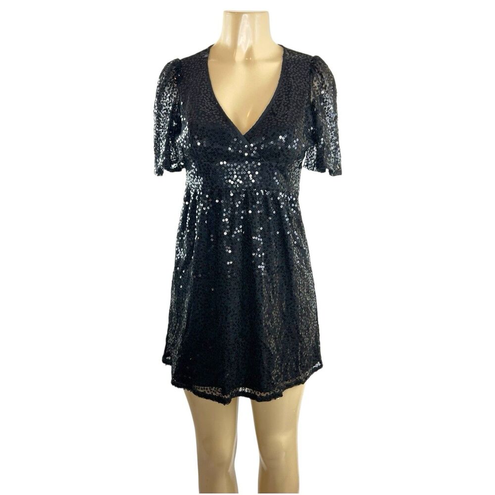 Vintage Betsey Johnson Babydoll Dress Size 6 Black Silk Sequin Y2K Mini Cocktail